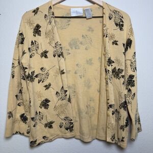 VTG Y2K Women Cotton Ramie Cardigan Sweater XL Yellow Leaf Print Cottagecore